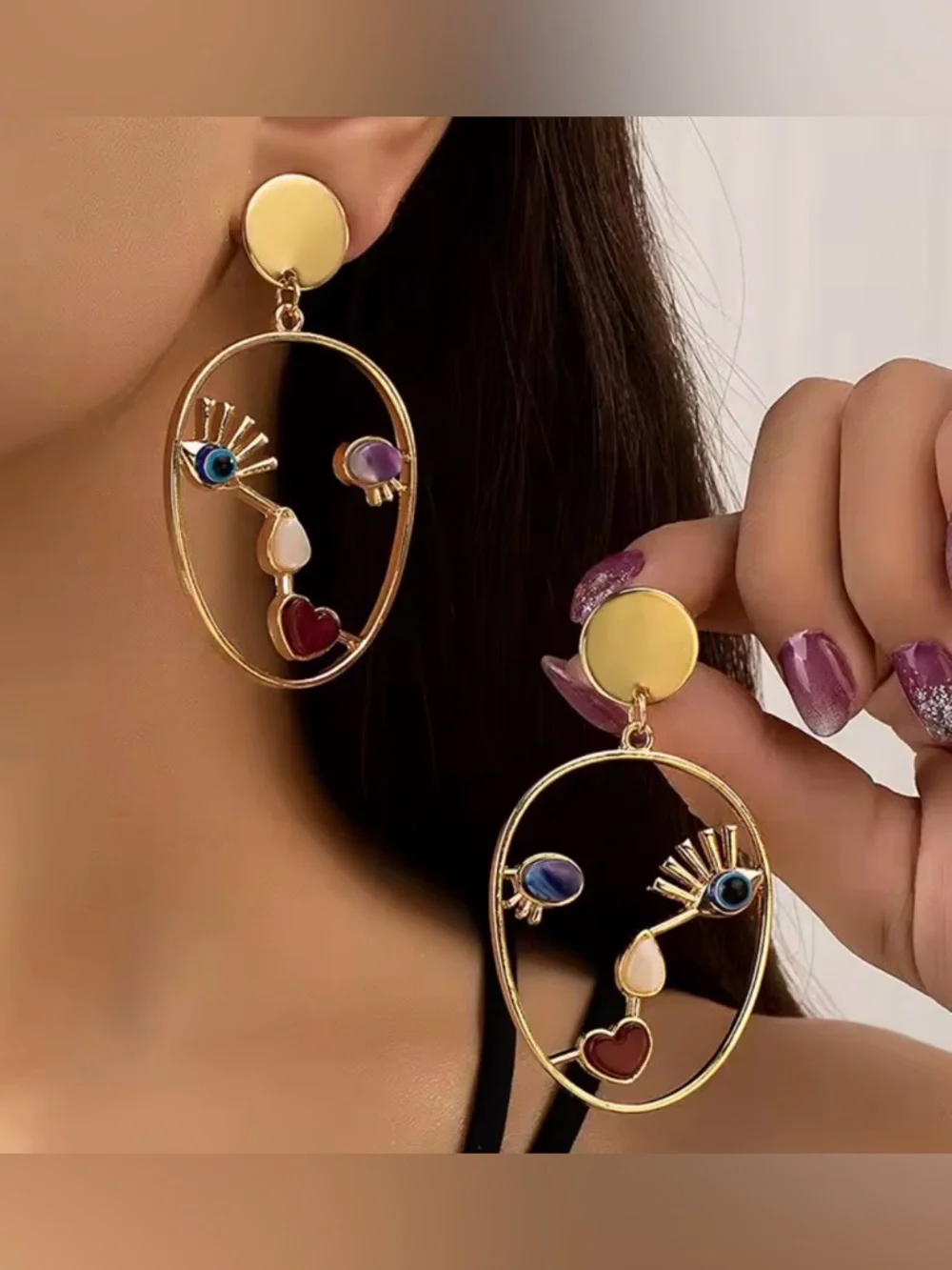 Gold Face Outline Drop Earrings with Multicolor Gem Accents